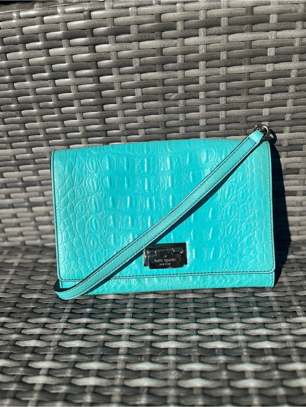 Kate Spade Turquoise Croc Embossed Leather Crossbody Purse